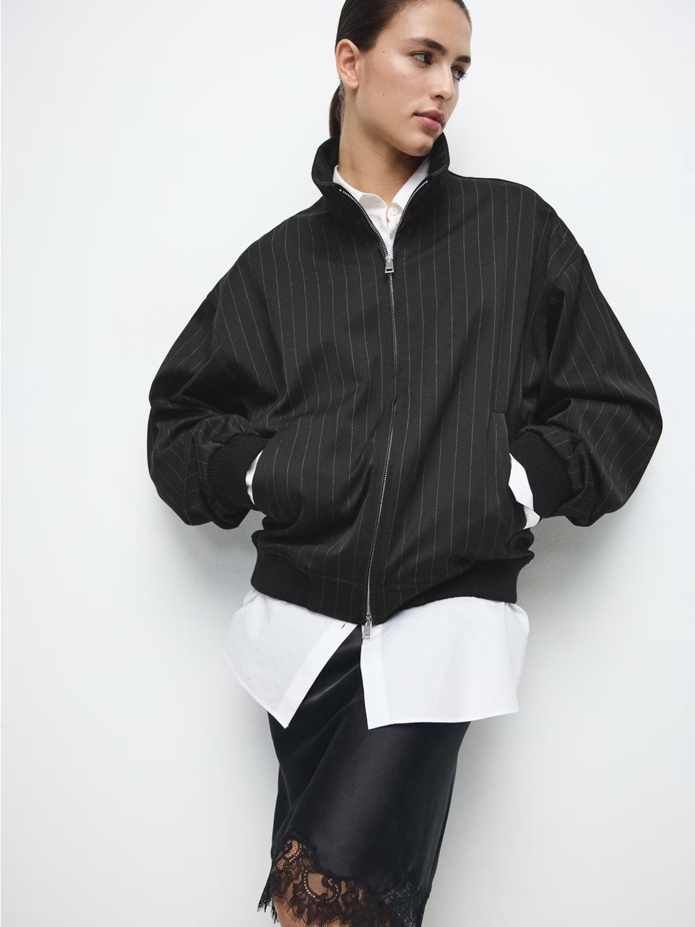 NWT (size small) Mango PINSTRIPE BOMBER JACKET